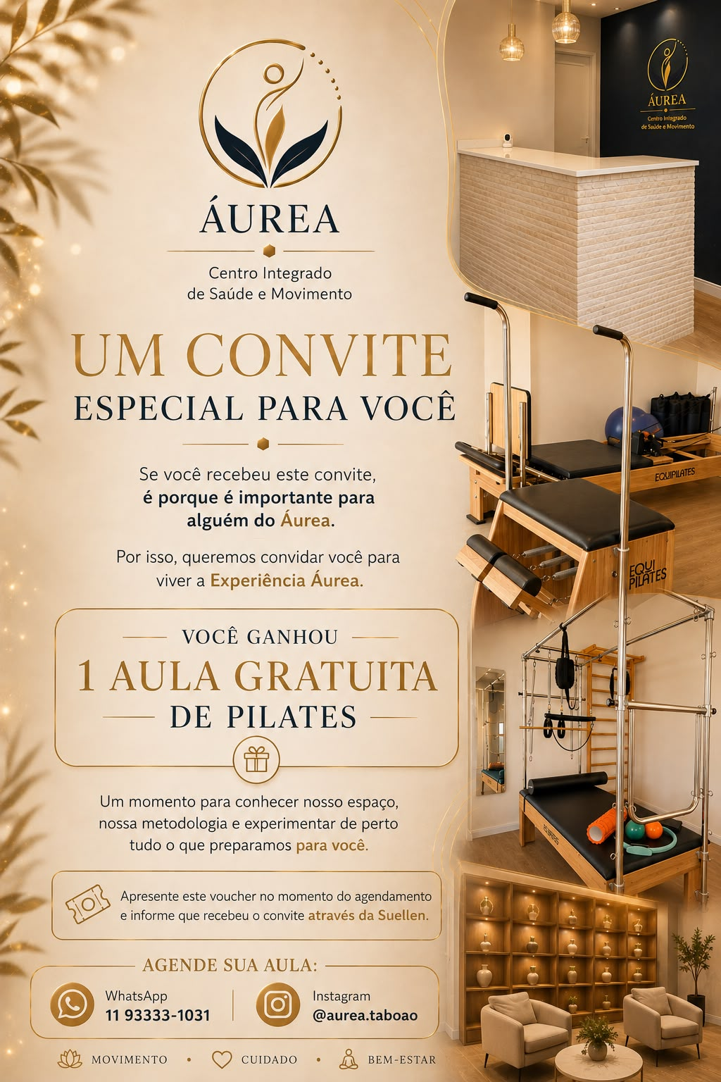 Convite especial Áurea: você ganhou 1 aula gratuita de Pilates